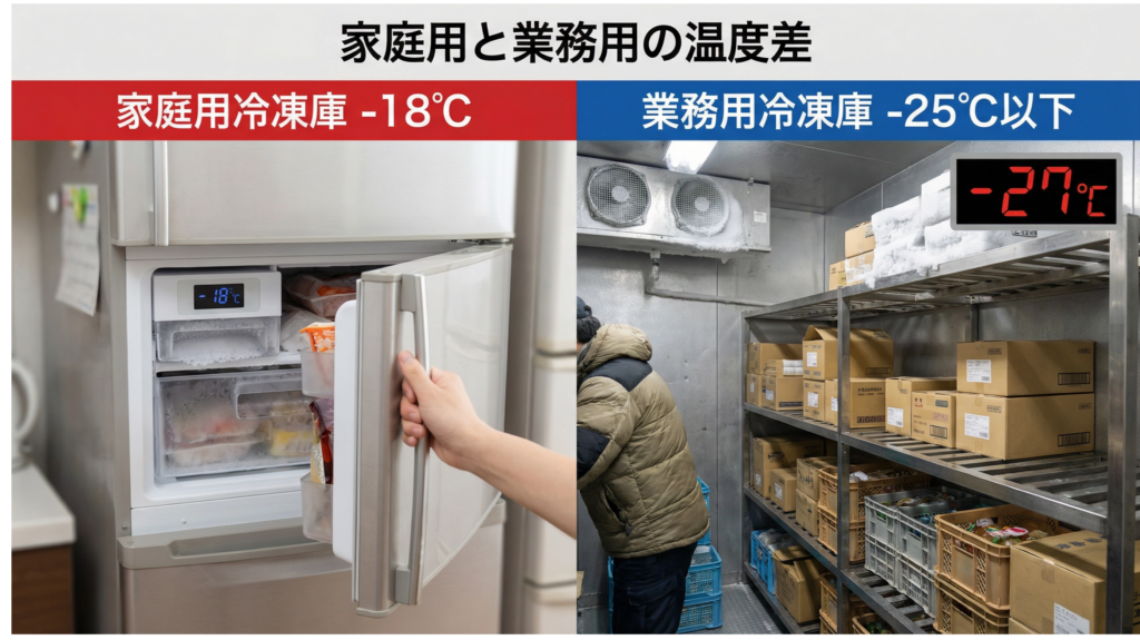 家庭用冷凍庫(-18℃)と業務用冷凍庫(-25℃以下)の温度差を比較した画像