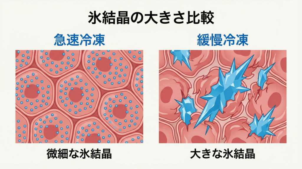 急速冷凍と緩慢冷凍における氷結晶の大きさの違いを比較した顕微鏡画像
