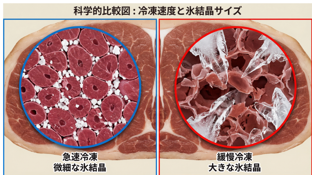 急速冷凍と緩慢冷凍における氷結晶の大きさの顕微鏡比較画像