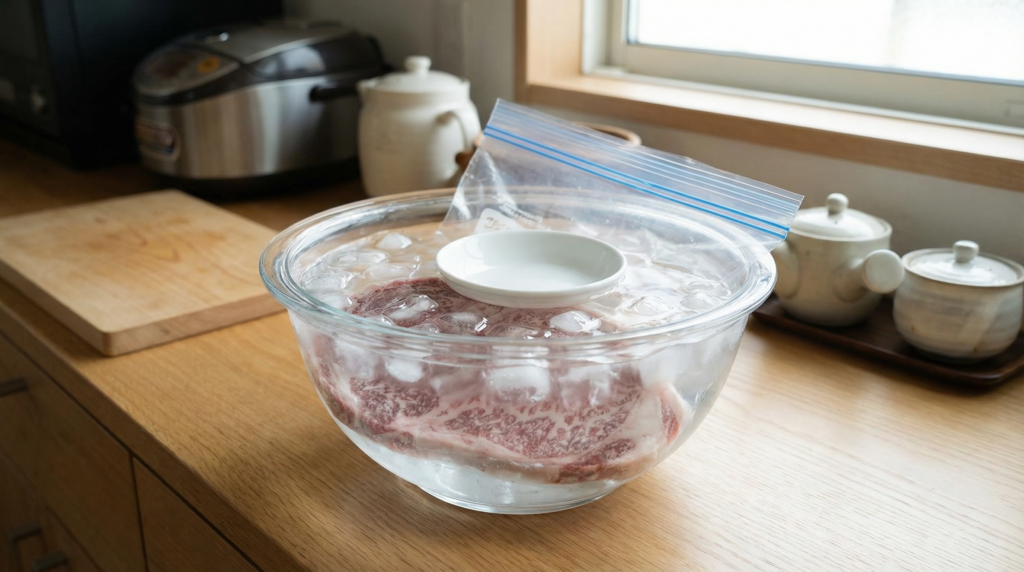 ボウルに入れた氷水に、ジップロックに入れた冷凍肉を重しを乗せて沈め、氷水解凍を行っている様子。
