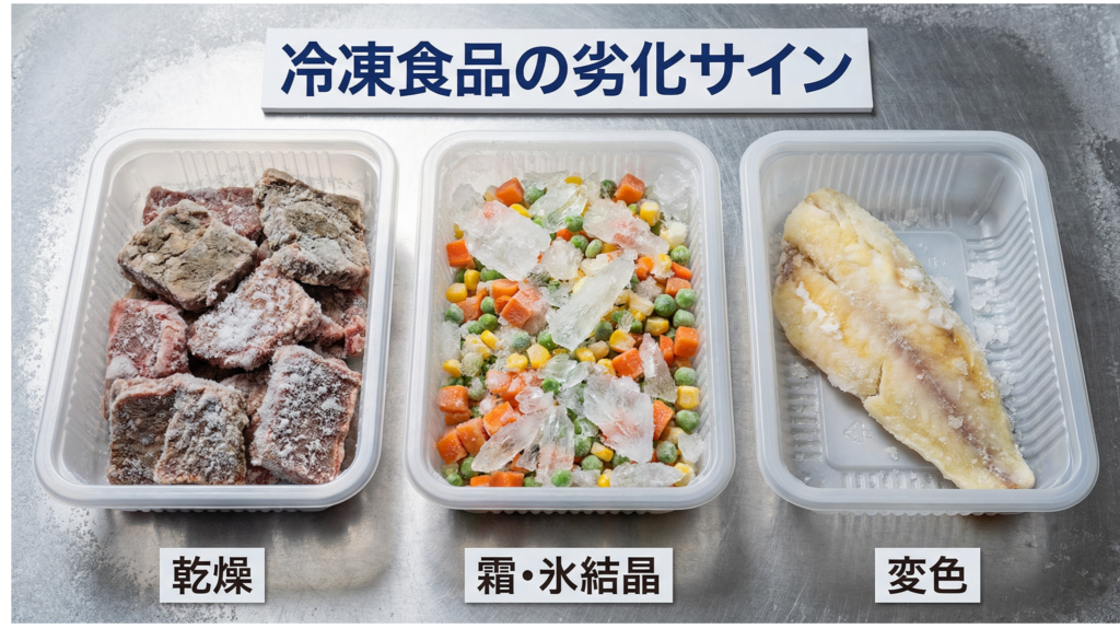 冷凍食品の劣化サイン：乾燥、霜・氷結晶、変色