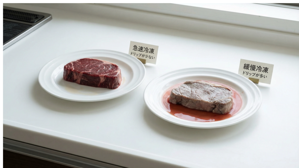急速冷凍と普通の冷凍で解凍した牛肉のドリップ量の違いを比較した画像