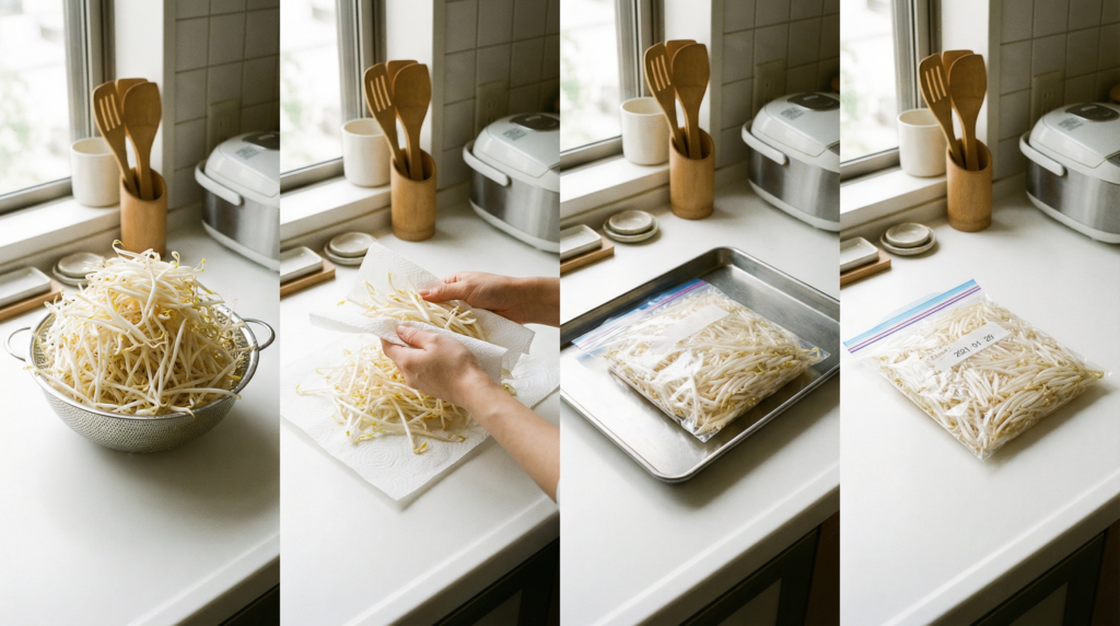冷凍保存の4つの工程を表現。新鮮なもやしの束、キッチンペーパーで水気を拭き取る様子、金属製バットの上に平らに広げた冷凍保存袋、空気を抜いて密閉された冷凍保存袋