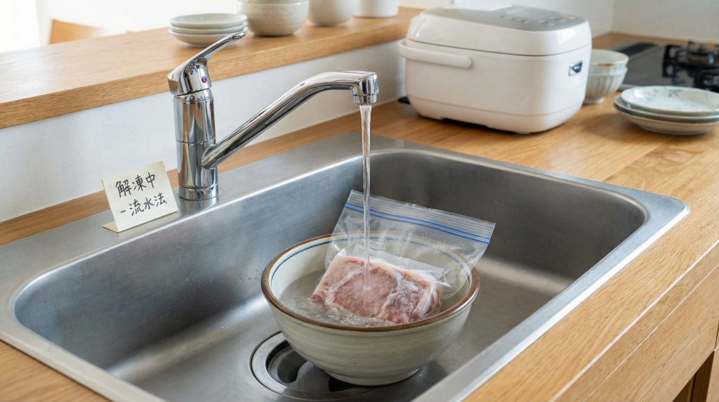 シンクで冷凍食材の入った袋に水道水を当てて流水解凍している様子。