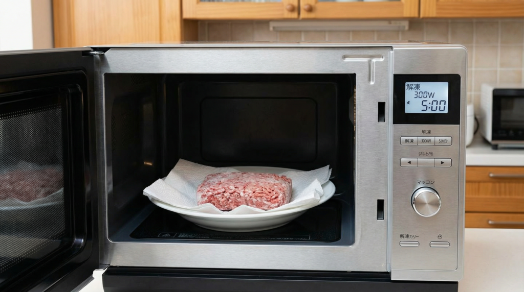 電子レンジの中に肉ミンチを入れて解凍しようとしている