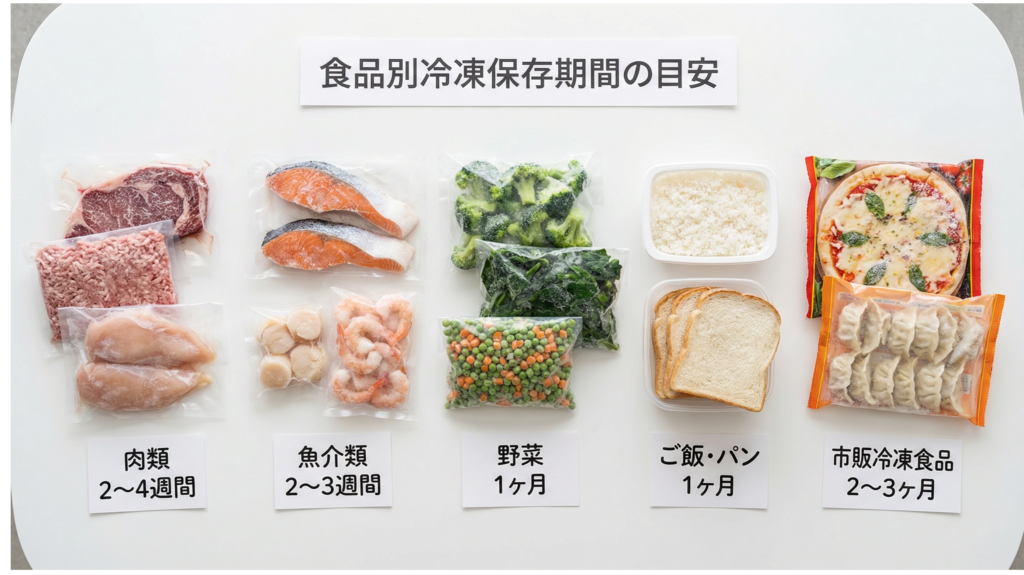 肉類、魚介類、野菜、ご飯・パン、市販冷凍食品の冷凍保存期間の目安