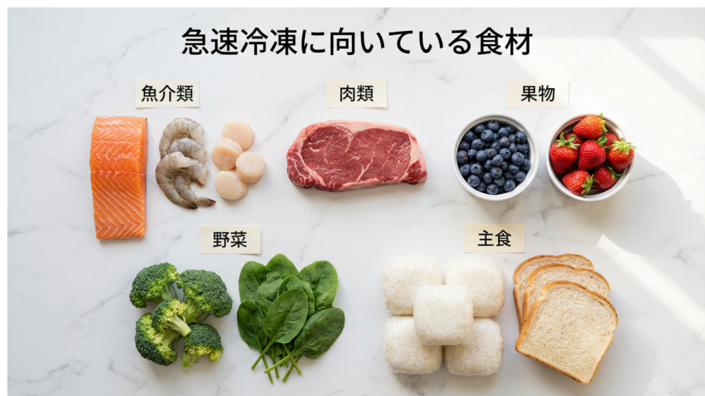 急速冷凍に向いている食材一覧：肉類、魚介類、果物、野菜、主食