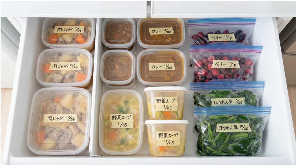 冷凍庫内に整理整頓された、日付ラベル付きの肉じゃが保存容器