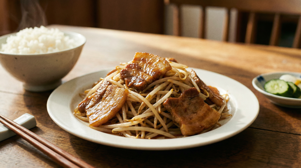 白い皿に盛り付けられた豚バラともやしの中華風炒め。艶やかな豚バラ肉ともやしに中華ダレが絡み、背景にはご飯茶碗が添えられている