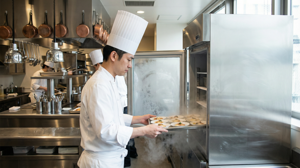 プロの料理人が厨房でショックフリーザーを活用している様子