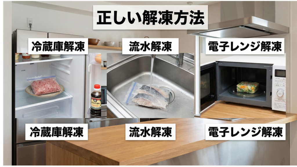 冷凍食品の正しい解凍方法：冷蔵庫解凍、流水解凍、電子レンジ解凍