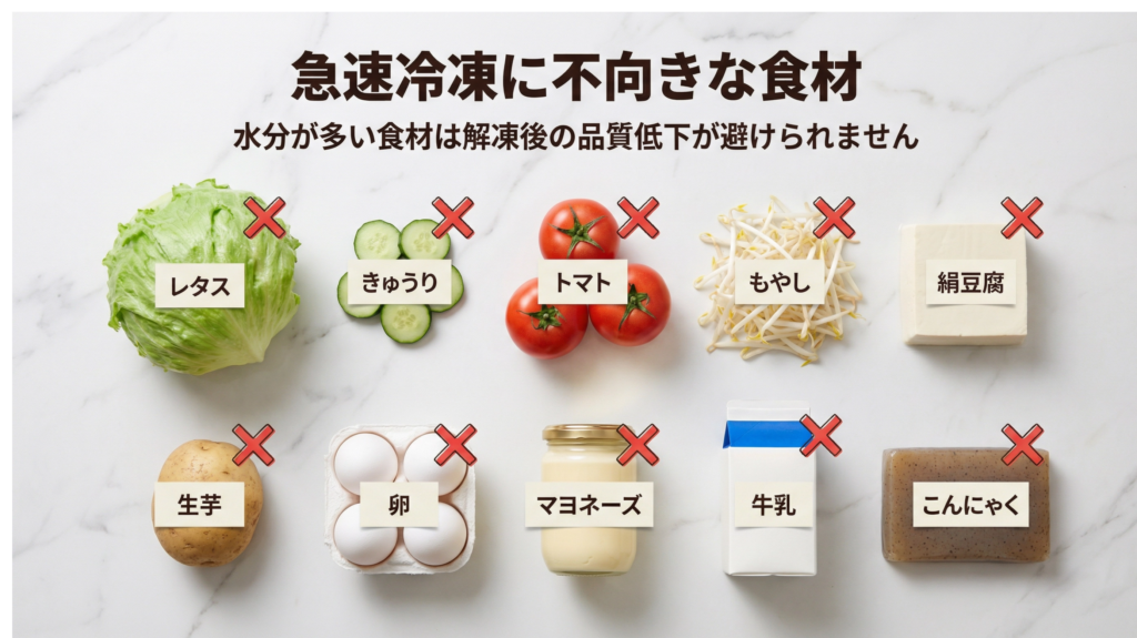 急速冷凍に不向きな食材一覧：水分が多い野菜、豆腐、生卵など