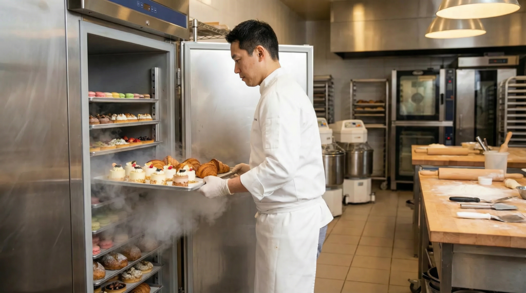 パティシエがショックフリーザーでケーキやパンを急速冷凍している様子