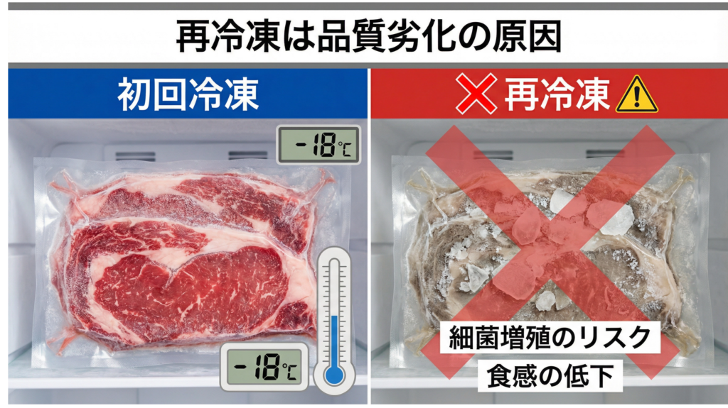 再冷凍による品質劣化と細菌増殖のリスクを示す警告画像