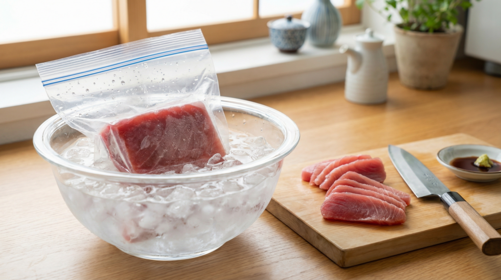 氷水解凍で鮮度を保ったマグロの刺身。ドリップがなく、もっちりとした食感が伝わる。