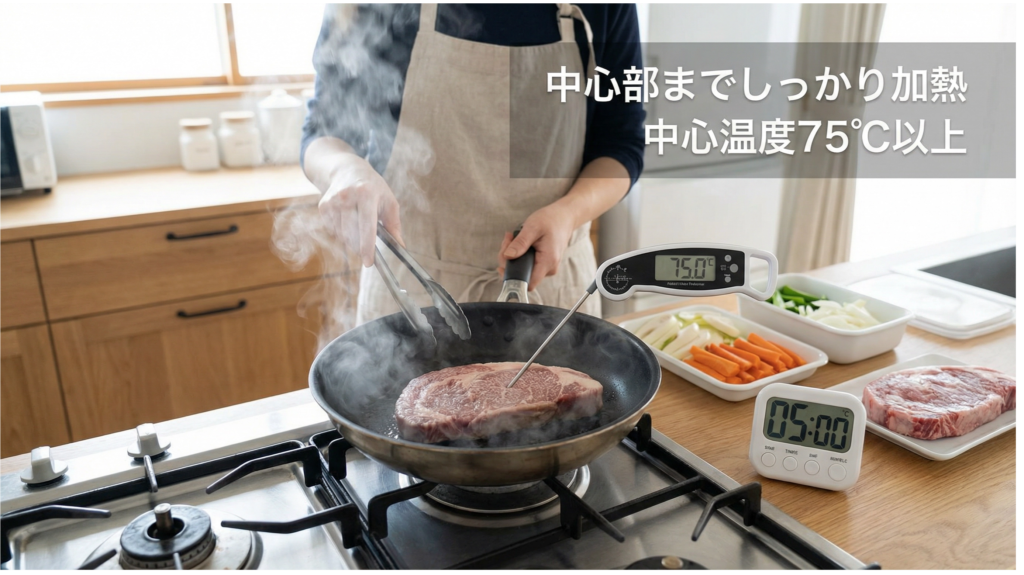 冷凍食品を安全に調理するための注意点：中心部まで75℃以上でしっかり加熱