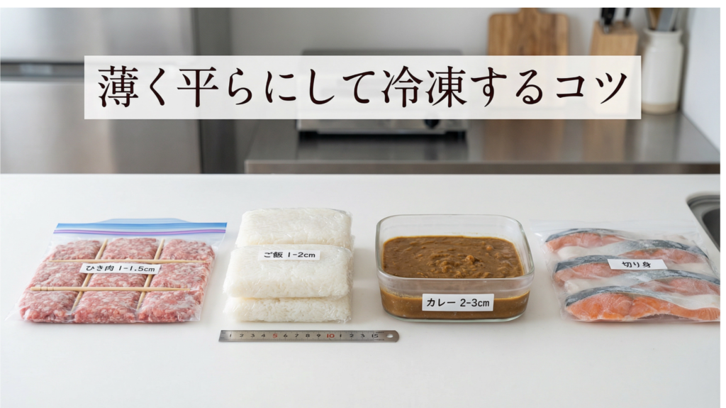 急速冷凍のコツ：ひき肉やご飯を薄く平らにして冷凍する方法