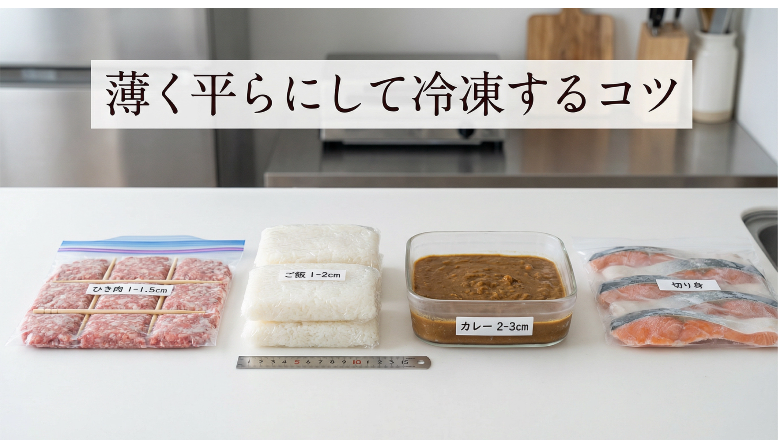急速冷凍のコツ：ひき肉やご飯を薄く平らにして冷凍する方法