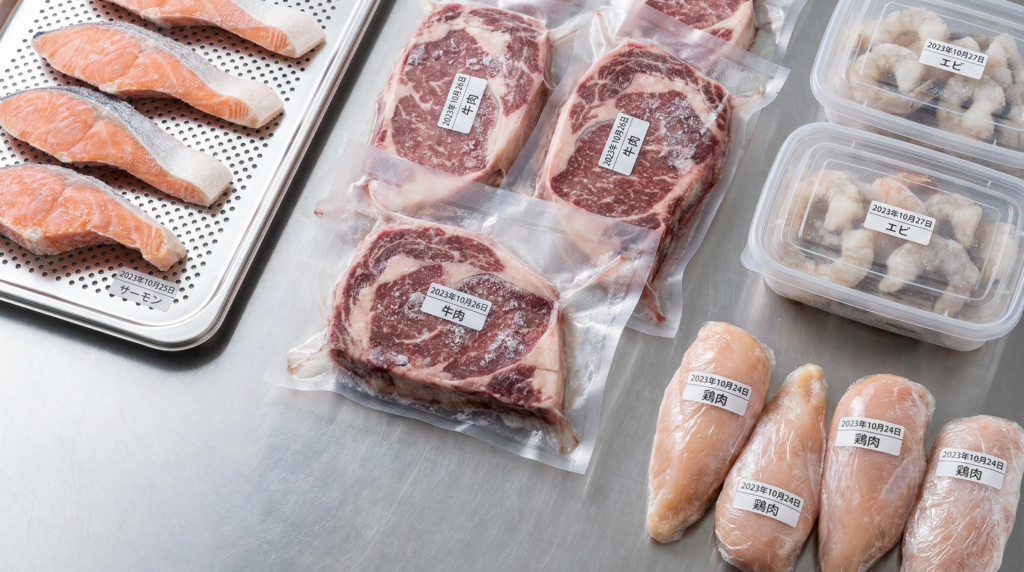 ショックフリーザーで急速冷凍された新鮮な肉類と魚介類