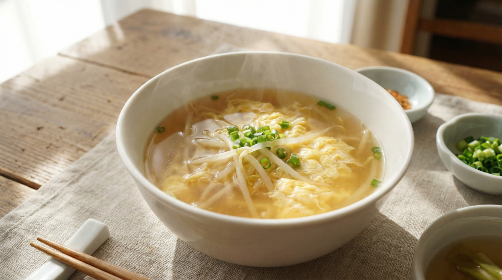 白いスープボウルに注がれた透明感のある黄金色の中華スープ。もやしとふわふわの溶き卵が浮かび、万能ねぎが散らされ、湯気が立ち上っている