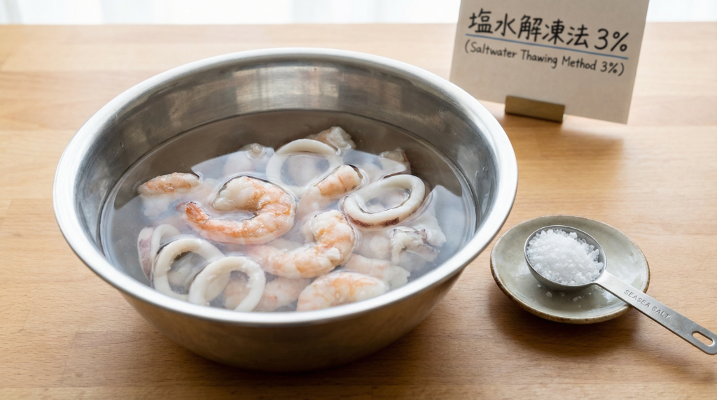 ボウルに入れた塩水で冷凍のシーフードミックスを解凍している。エビやイカの食感を保つための方法。