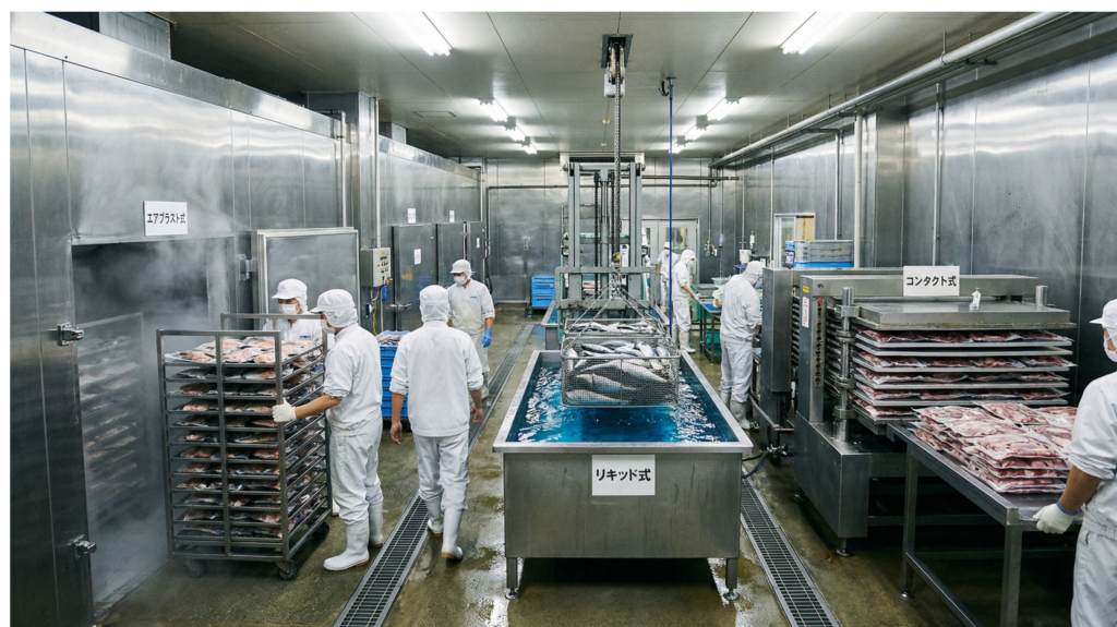 業務用急速冷凍機の主な3種類：エアブラスト式、リキッド式、コンタクト式の特徴