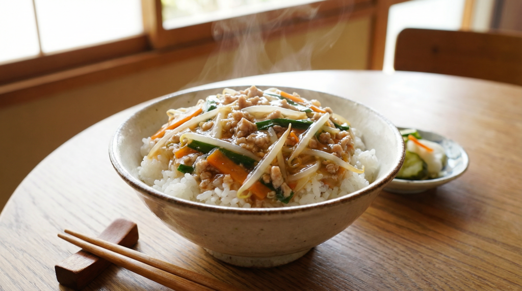 丼鉢に盛り付けられたひき肉ともやしのあんかけ丼。白いご飯の上にとろみのあるあんがかかり、豚ひき肉ともやしがたっぷり、湯気が立ち上っている