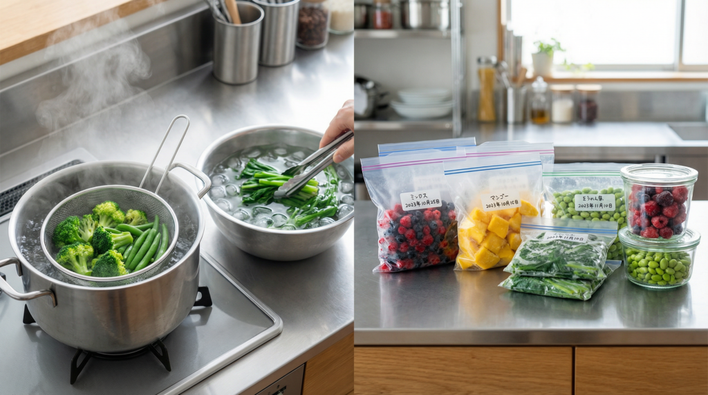 ショックフリーザーで冷凍するための野菜のブランチング処理と果物の準備