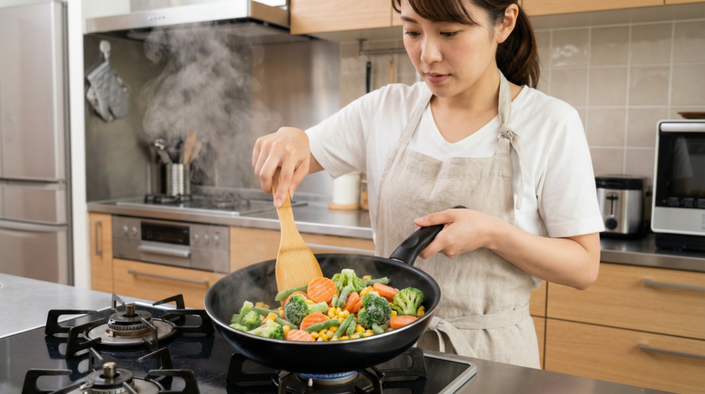 凍ったままのミックスベジタブルをフライパンで炒めている様子。食感と栄養を逃さない調理法。