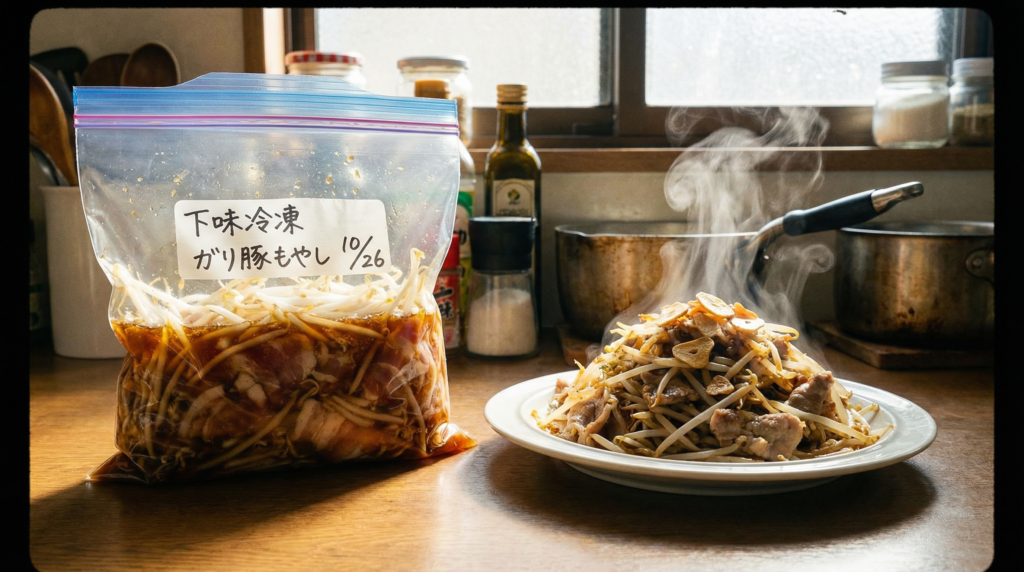 下味冷凍のガリ豚もやし。冷凍保存袋に豚肉ともやしが調味料と一緒に漬かっており、横には完成した炒め物が皿に盛られている