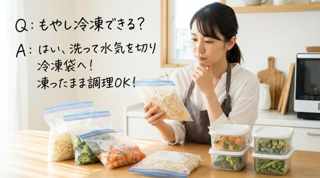 日本人女性がキッチンで冷凍もやしを手に持ち考えている様子。周りには冷凍保存袋や密閉容器が並び、明るく清潔感のあるキッチン