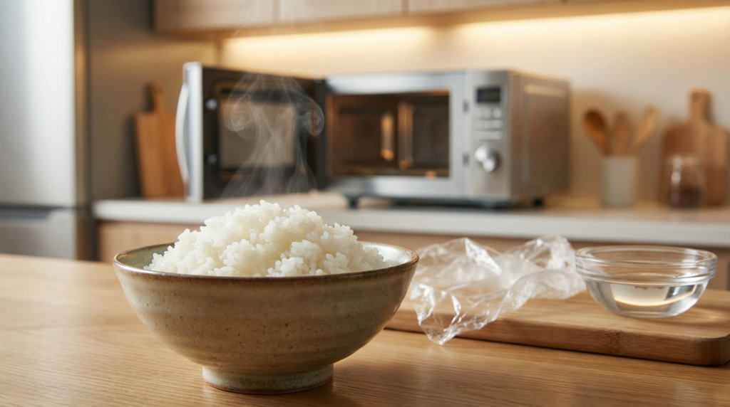 電子レンジで正しく解凍され、湯気が立つ炊き立てのようにふっくらしたご飯。