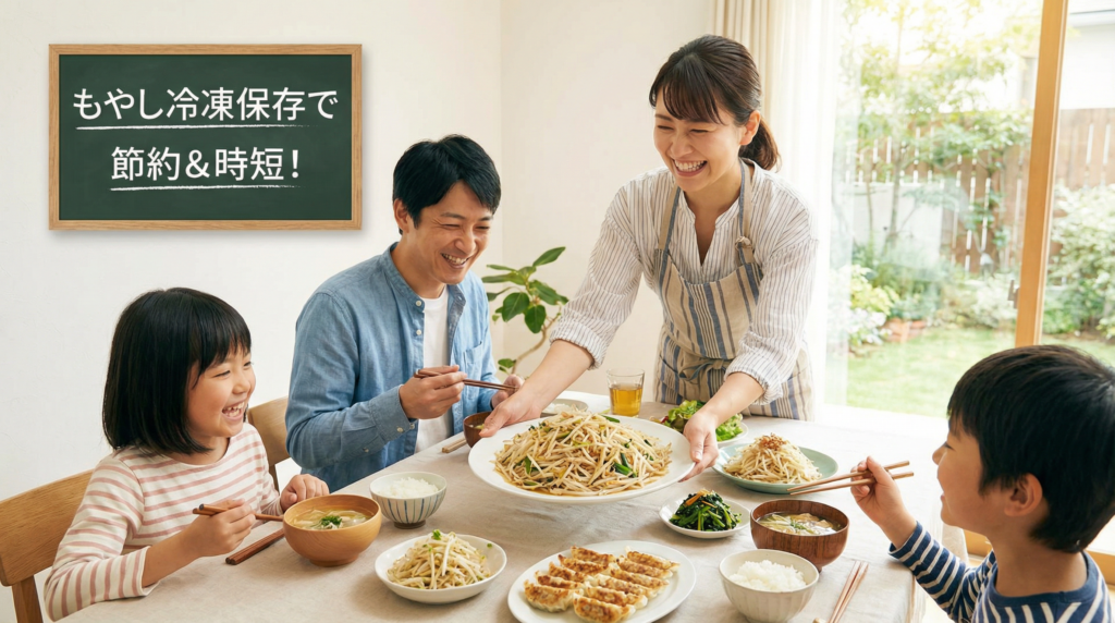 日本人家族が笑顔で食卓を囲んでいる様子。母親がもやし料理を運び、食卓には複数のもやし料理が並ぶ。食費節約と時短料理の喜びを表現した温かい雰囲気