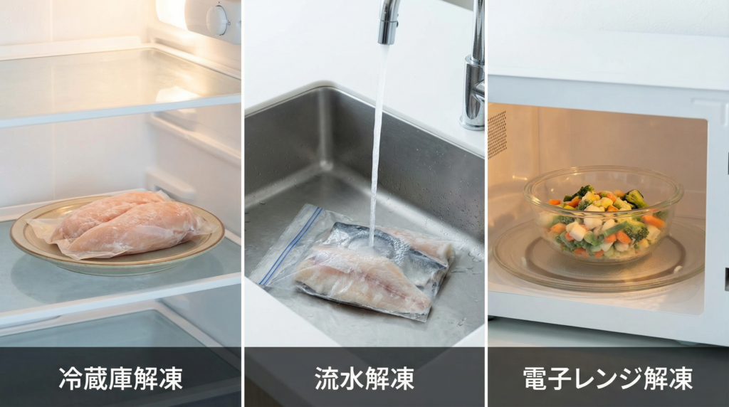 冷凍食品の品質を保つための3つの正しい解凍方法：冷蔵庫解凍、流水解凍、電子レンジ解凍