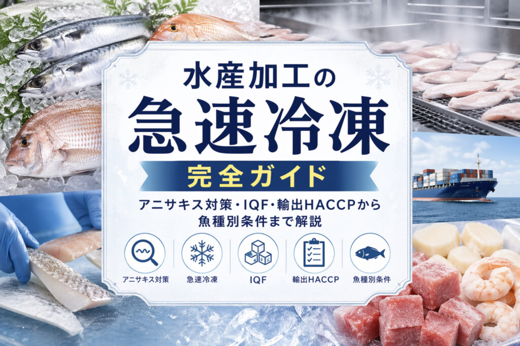 水産加工場で急速冷凍されるマグロ柵・エビ・ホタテ貝柱・切り身のイメージ