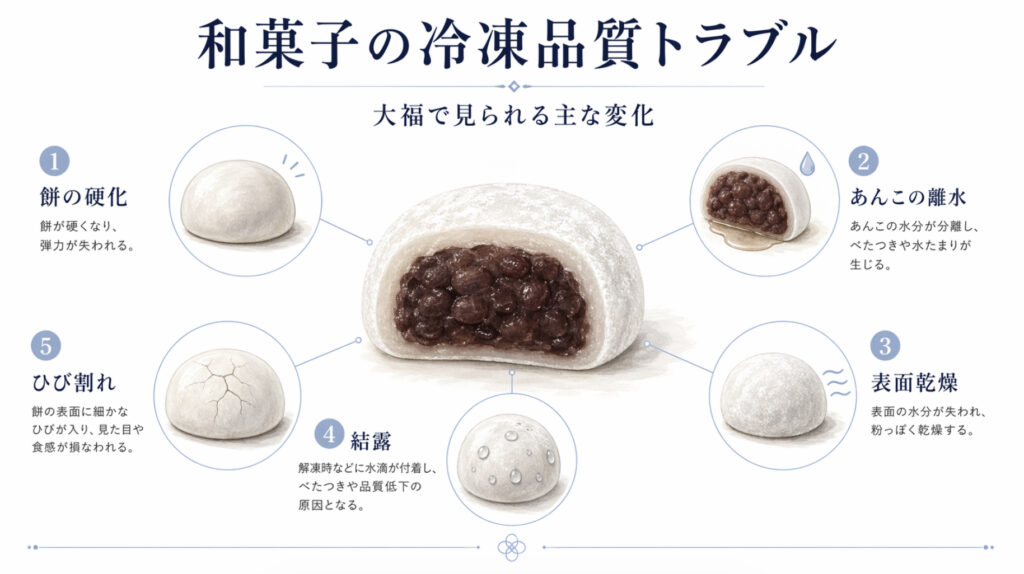 和菓子の冷凍で餅の硬化やあんこの離水や表面乾燥が起きる原因図