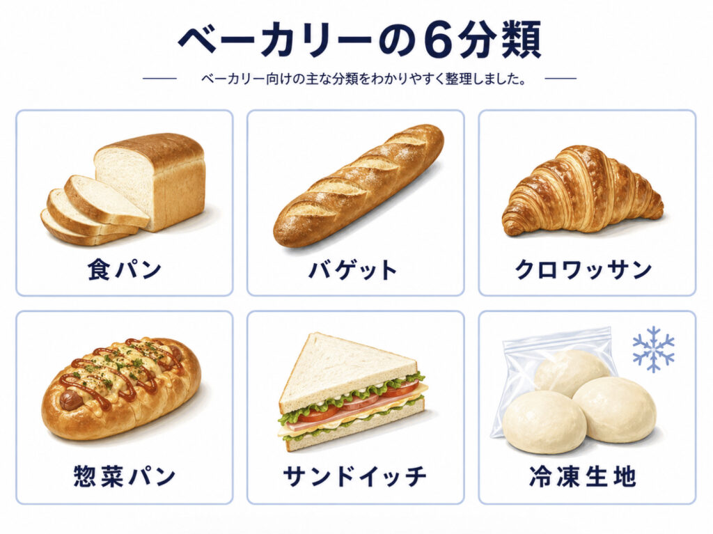 急速冷凍に向いている食パンクロワッサン惣菜パンサンドイッチ冷凍生地の分類図
