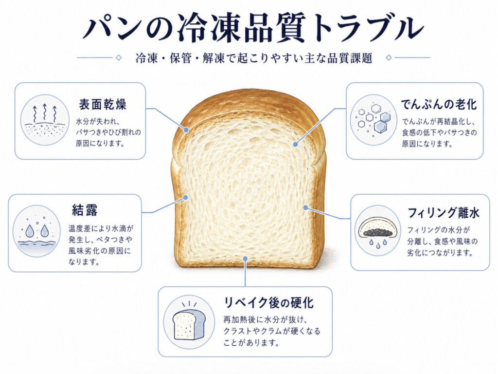 パンの冷凍で表面乾燥でんぷんの老化結露フィリング離水が起きる原因図