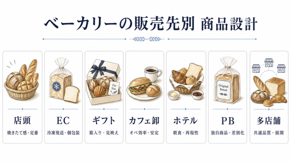 ベーカリーの店頭ECギフトカフェ卸ホテルPB多店舗向け冷凍パン商品設計を比較する図解