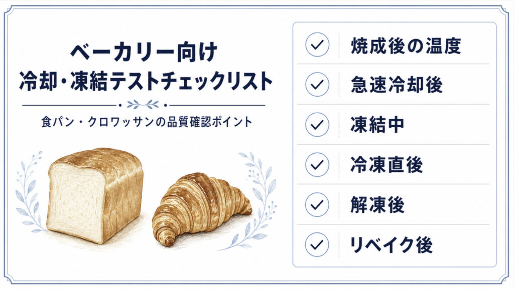 ベーカリーの冷却・凍結テストで急速冷却後、冷凍直後、解凍後、リベイク後を確認するチェックリスト