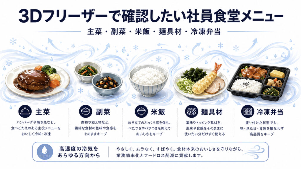 3Dフリーザーで社員食堂の主菜副菜米飯弁当のドリップ離水再加熱後食感を確認する図解