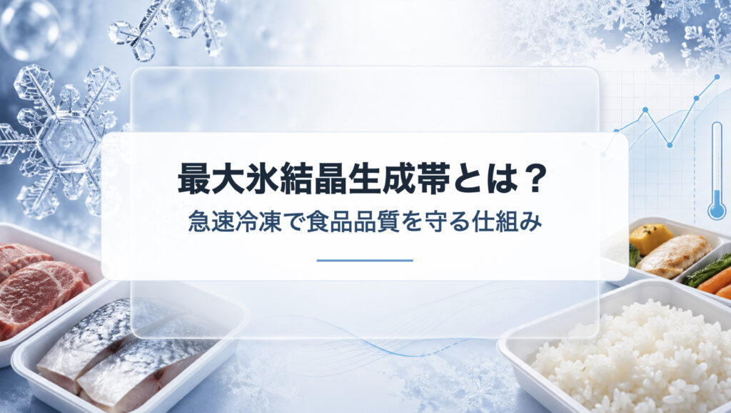 肉魚のドリップと米飯の粒立ちなど最大氷結晶生成帯による品質差を示す業務用資料イメージ