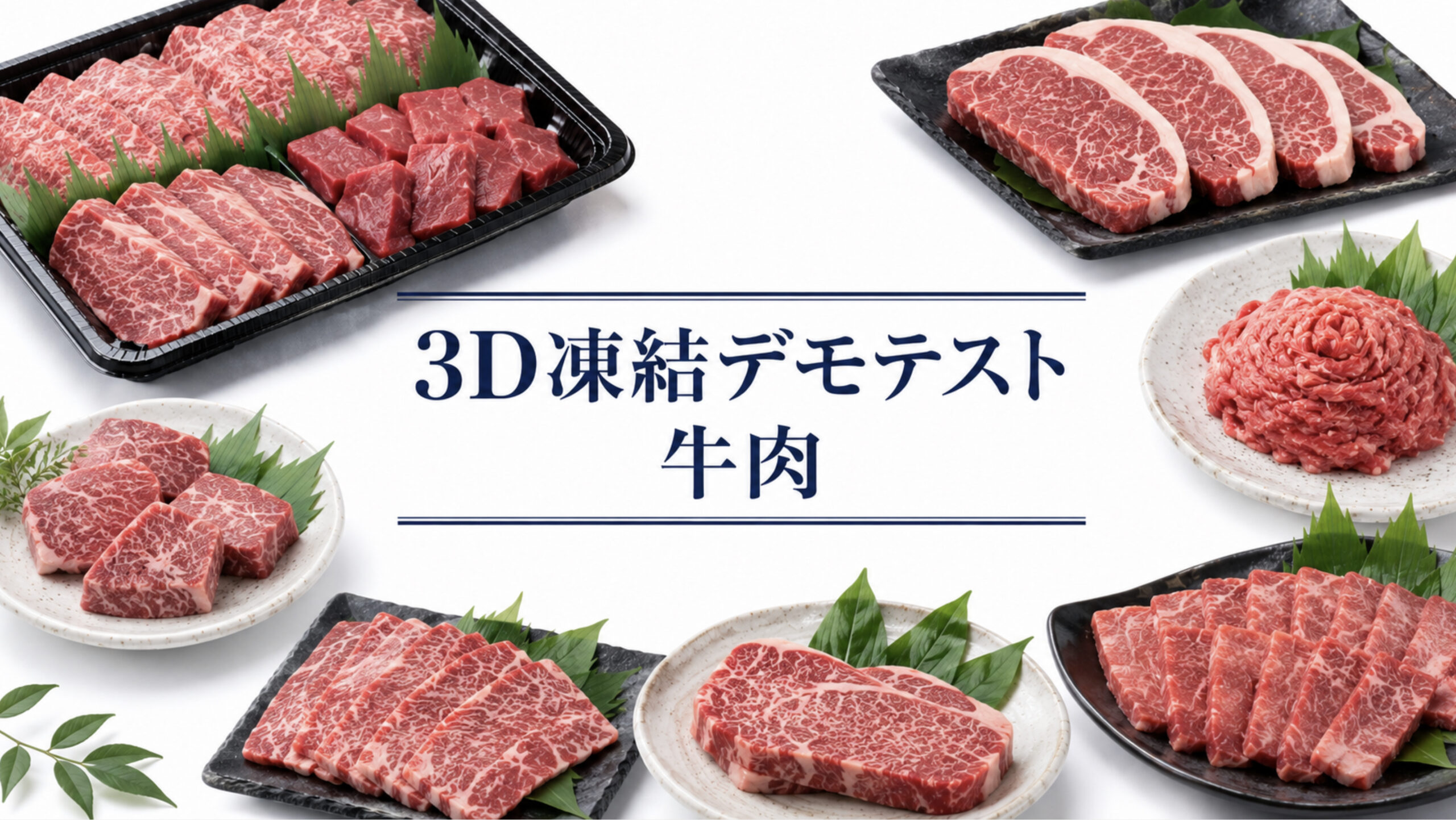 中央に紺色で「3D凍結デモテスト 牛肉」と記し、周囲に黒いトレーの霜降り牛肉スライスやサイコロ状の赤身肉、白い皿のサーロイン・ヒレのステーキ、竹の葉を添えた焼肉用スライスを並べたアイキャッチ画像