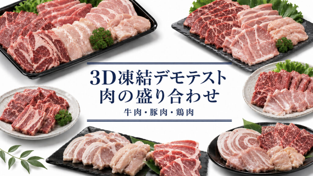 肉の盛り合わせを3Dフリーザー®で急速冷凍するデモテスト