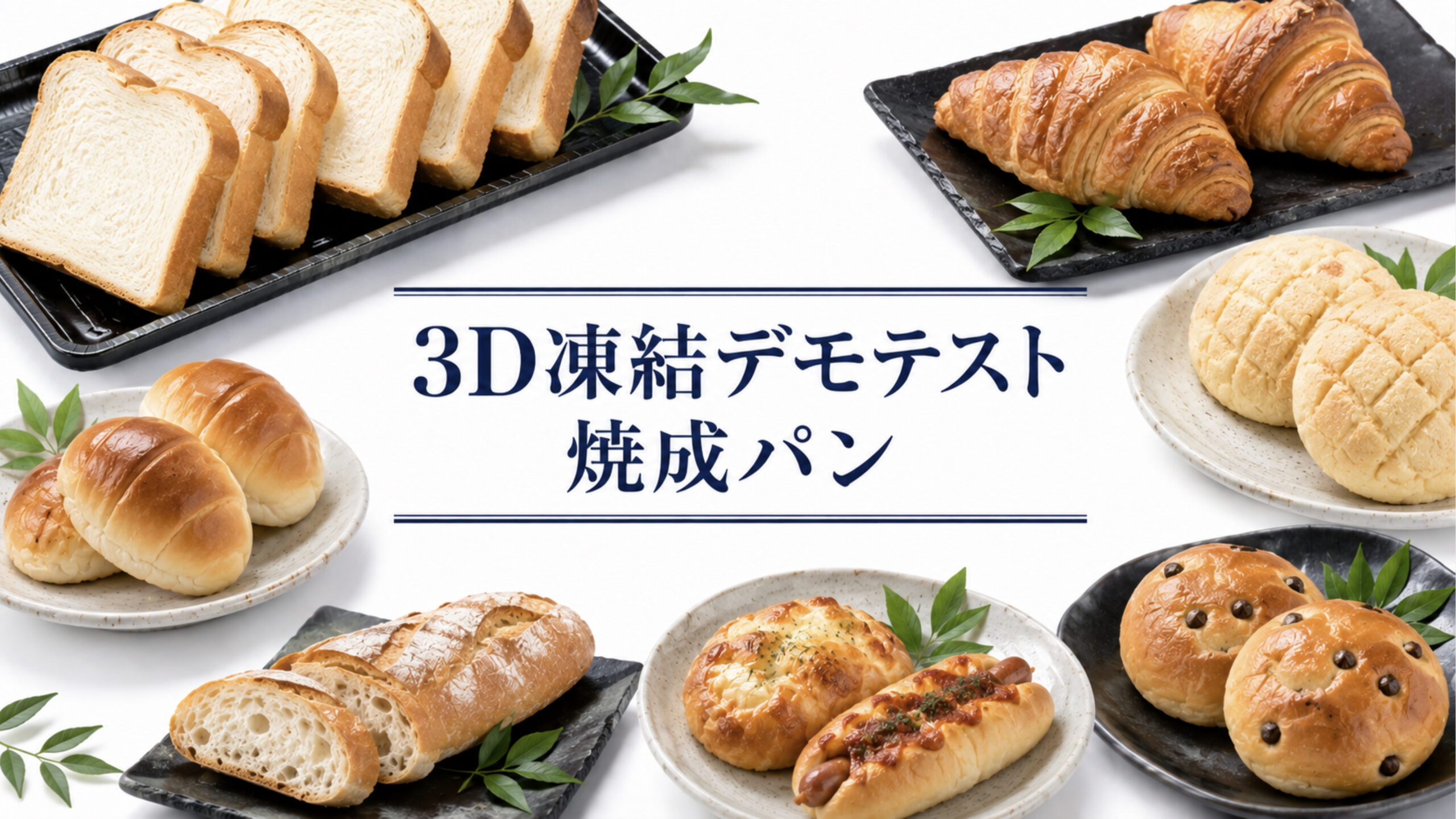 中央に「3D凍結デモテスト 焼成パン」と表示し、周囲に食パン、クロワッサン、メロンパン、ロールパン、バゲット、調理パンを並べたアイキャッチ