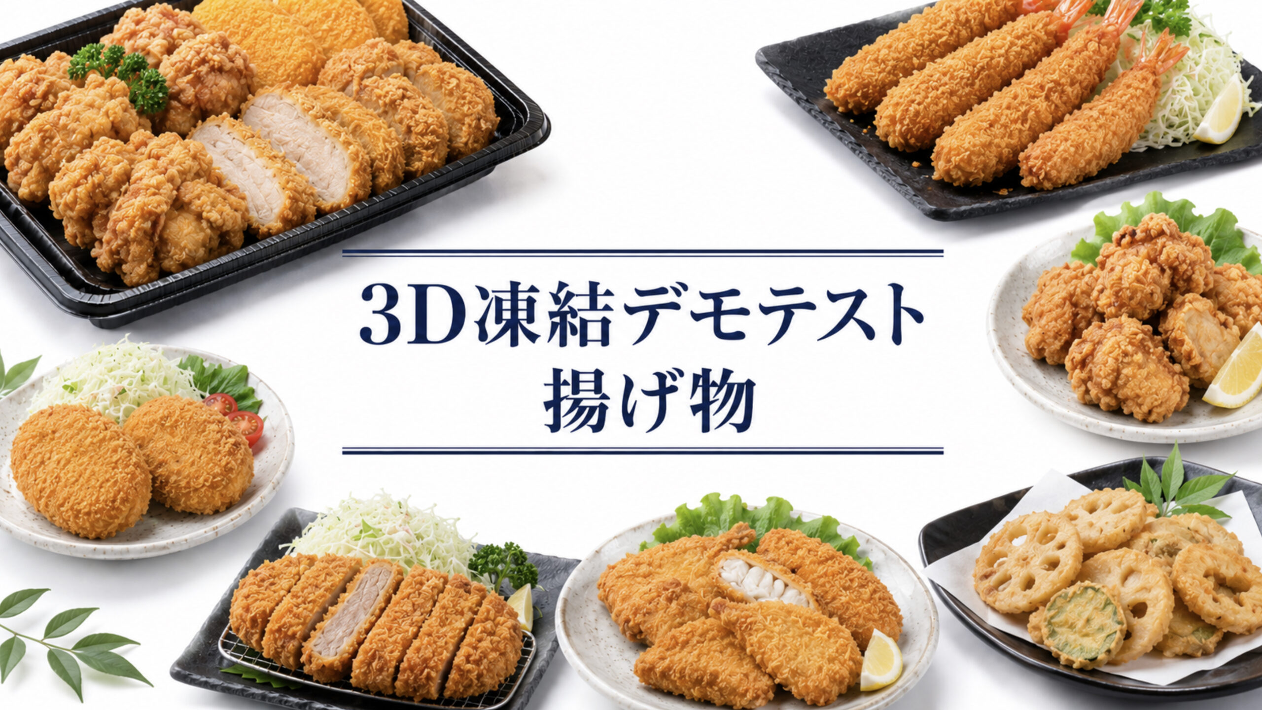 中央に「3D凍結デモテスト 揚げ物」と記し、周囲に断面を見せたヒレカツ、細長いエビフライ、コロッケ、れんこんなど複数の揚げ物を白背景で配置したアイキャッチ