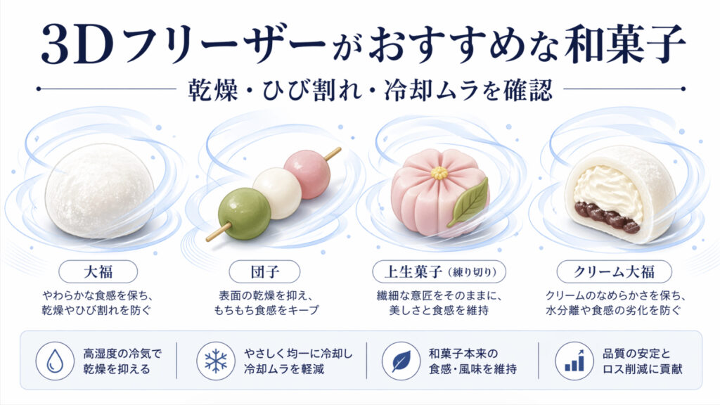 3Dフリーザーで大福や団子や上生菓子の乾燥ひび割れ冷却ムラを確認する図解