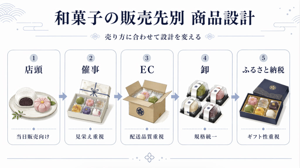 和菓子の店頭販売催事EC冷凍ギフト卸ふるさと納税向け商品設計を比較する図解