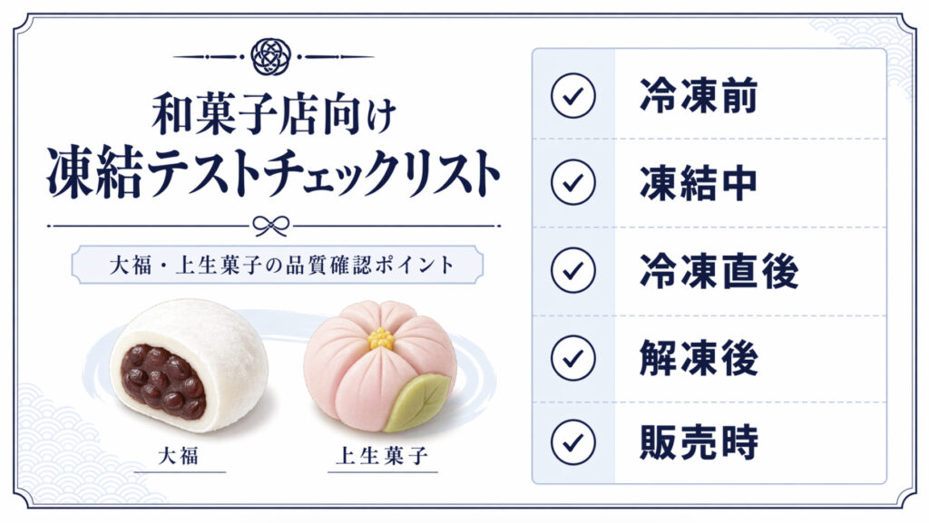 和菓子の凍結テストで冷凍前冷凍直後解凍後販売時を確認するチェックリスト