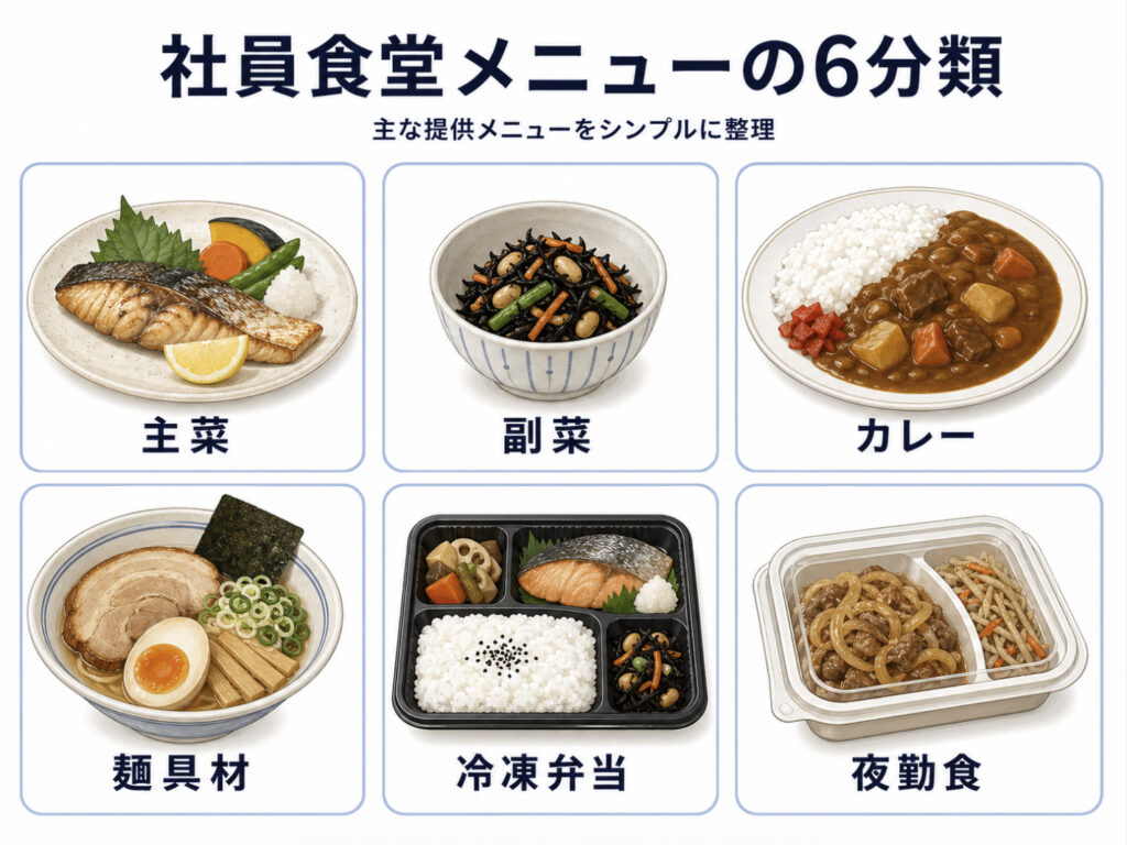 急速冷凍に向いている社員食堂の主菜副菜カレー麺具材冷凍弁当夜勤食の分類図